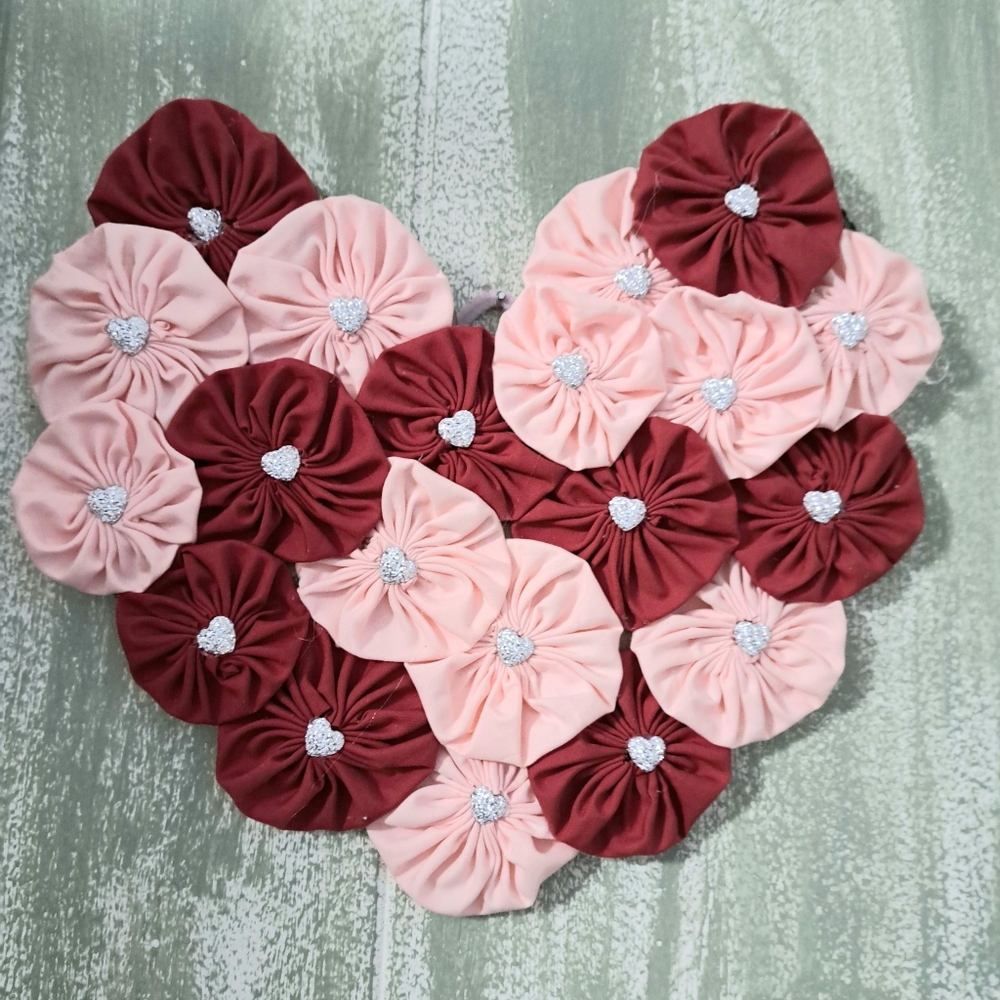 Pretty  Heart-Shaped Red & Pink Fabric Hanging Decor 10X12" (Handmade)